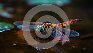 Vibrant dragonfly rests on wet leaf in green pond generated by AI