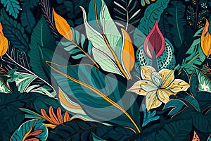 vibrant drawn tropical leaves pattern