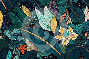 vibrant drawn tropical leaves pattern