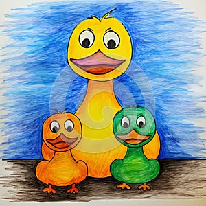 Vibrant Duck Family Drawing: Fluorescent Colors, Duckcore, Soft Shading photo