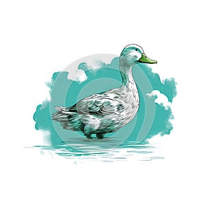 Vibrant Duck Illustration On White Background With Cloudy Sky