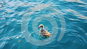 Vibrant Duckcore: A Spontaneous Gesture Of A Single Sea Bird In Cyan And Brown photo