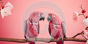 Vibrant Duets: Two Parrots on Pretty Pink Background