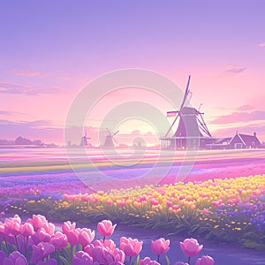 Vibrant Dutch Tulip Field at Sunrise