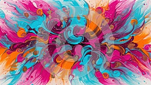 An explosion of color and movement in abstract fluid art featuring pink, turquoise, and orange hues