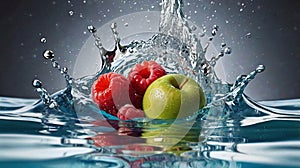 Fresh Apple and Raspberries Splashing into Water
