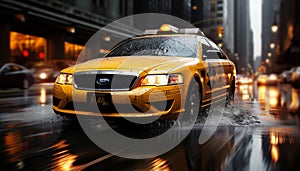 Vibrant and dynamic new york city street with motionblurred yellow cabs in downtown scene