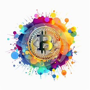 Colorful Bitcoin Art: Cybersteampunk Illustration On White Background photo