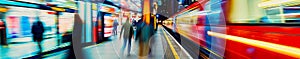 Vibrant Dynamic Train Station Scene with speed blurs of fast trains and commuters