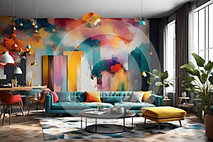 the vibrant and dynamic world of a colorful interior with this 3D abstract rendering.