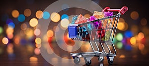 Vibrant e commerce bokeh design with blurred background and colorful shopping cart icons