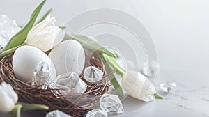 The Vibrant Easter Background with Colorful Eggs and Springtime Floral Elements.