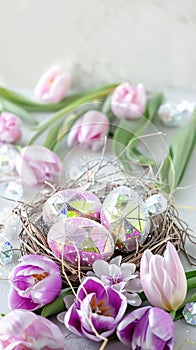 The Vibrant Easter Background with Colorful Eggs and Springtime Floral Elements.