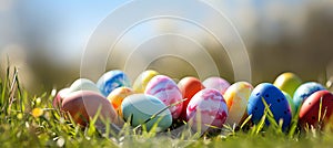 Vibrant easter banner with colorful eggs in grass, sun rays, and ample copy space for text placement