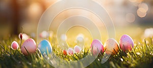 Vibrant easter banner with colorful eggs in grass, sun rays, and copy space for text placement