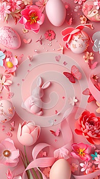 The Vibrant Easter Celebration Background with Colorful Eggs and Spring Flowers.