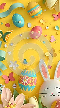 The Vibrant Easter Celebration Background with Colorful Eggs and Spring Flowers.