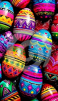Vibrant easter egg arrangement colorful and ornately decorated eggs in a plethora of bright hues