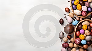 Vibrant Easter Egg and Chocolate Composition on Wooden Dishes, light background place for an inscription