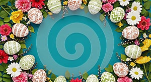 Vibrant Easter Egg and Spring Flower Frame on Teal Background
