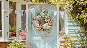 A vibrant Easter egg wreath hanging on a front door, welcoming visitors, with the background bathed in the glow of morning light