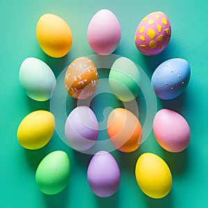 Vibrant Easter eggs arranged festively on tabletop, top view composition