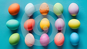 Vibrant Easter eggs arranged festively on tabletop, top view composition