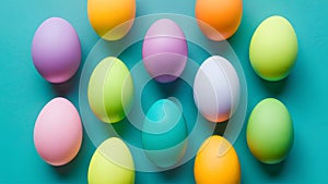 Vibrant Easter eggs arranged festively on tabletop, top view composition