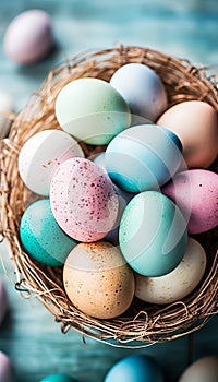 Vibrant easter eggs in basket - colorful and lively spring decor with space for text photo