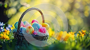 Vibrant Easter Eggs in Basket with Spring Blossoms