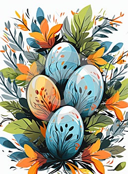 Vibrant Easter Eggs Nestled Amongst Spring Foliage Illustration