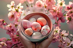 Vibrant Easter eggs nestled in a bowl amidst spring blossoms