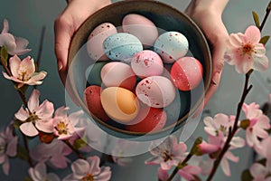 Vibrant Easter eggs nestled in a bowl amidst spring blossoms