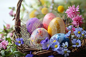 Vibrant Easter eggs nestled in a bowl amidst spring blossoms