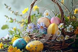 Vibrant Easter eggs nestled in a bowl amidst spring blossoms