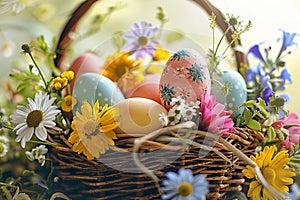 Vibrant Easter eggs nestled in a bowl amidst spring blossoms