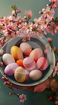 Vibrant Easter eggs nestled in a bowl amidst spring blossoms