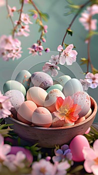 Vibrant Easter eggs nestled in a bowl amidst spring blossoms