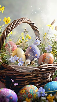 Vibrant Easter eggs nestled in a bowl amidst spring blossoms