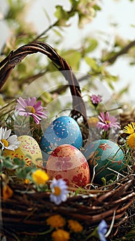 Vibrant Easter eggs nestled in a bowl amidst spring blossoms