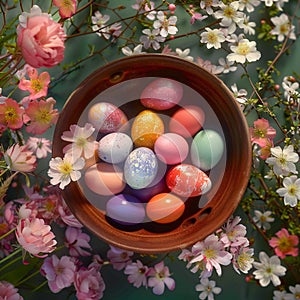 Vibrant Easter eggs nestled in a bowl amidst spring blossoms