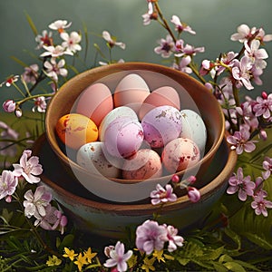 Vibrant Easter eggs nestled in a bowl amidst spring blossoms
