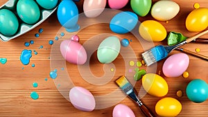 Vibrant Easter Eggs and Painting Brushes on Wooden Background