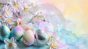 Vibrant Easter Eggs on Pastel Watercolor Background with Spring Flowers