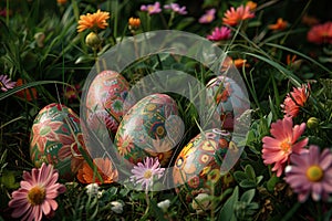 Vibrant Easter Eggs Tucked in a Flourishing Spring Meadow