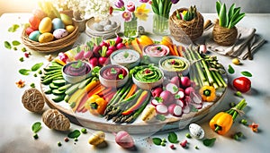 Vibrant Easter Feast of Fresh Vegetables and Dips