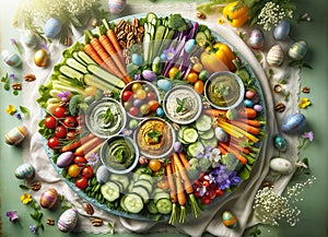Vibrant Easter Feast of Fresh Vegetables and Dips