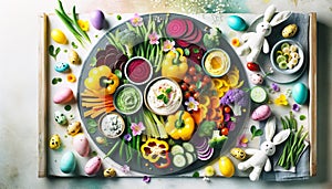 Vibrant Easter Feast of Fresh Vegetables and Dips