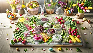 Vibrant Easter Feast of Fresh Vegetables and Dips