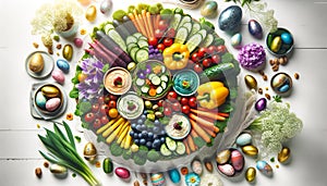 Vibrant Easter Feast of Fresh Vegetables and Dips